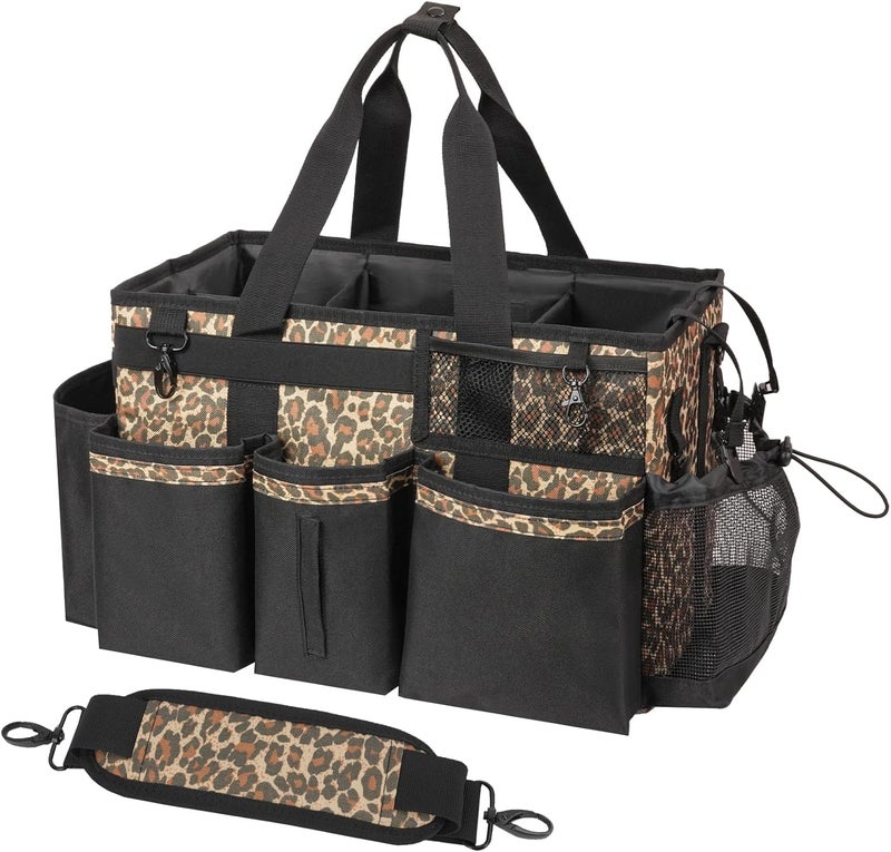 SCAVATA Wearable Cleaning Caddy, Cleaning Caddy Supplies Organizer with Handle & Shoulder Straps for Housekeepers, Under Sink & Car Cleaning Tool Organizers Bag with 4 Foldable Divider (Leopard) - Image 1